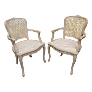 Vintage Pair Harris Marcus Italian Double Cane Arm Chairs Carved Accent Chairs For Sale