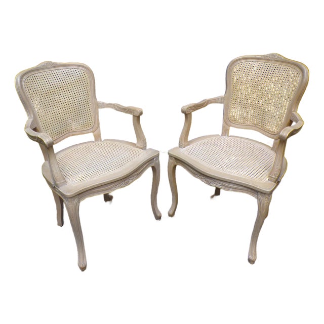 Vintage Pair Harris Marcus Italian Double Cane Arm Chairs Carved Accent Chairs For Sale