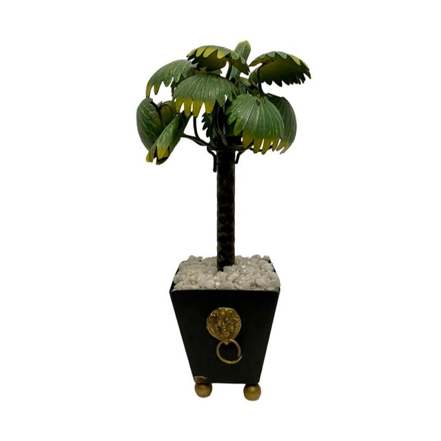 Vintage Hollywood Regency. Metal Petite Potted Palm Tree With Lions Head For Sale - Image 4 of 6