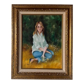 1970s Vintage E. Weight Portrait of a Girl in Landscape Oil on Canvas Painting, Framed For Sale