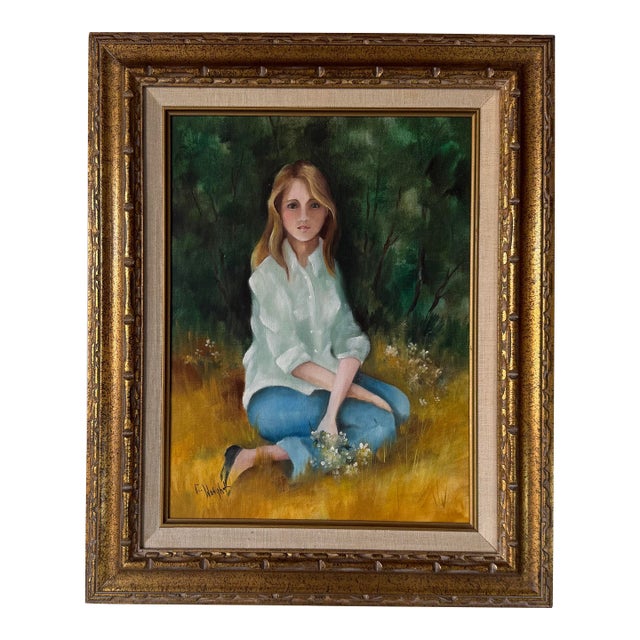 1970s Vintage E. Weight Portrait of a Girl in Landscape Oil on Canvas Painting, Framed For Sale