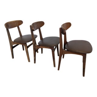 Vintage Wooden Dining Chairs with Brown Leather Seats, 1970s, Set of 3 For Sale