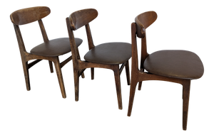 Vintage Wooden Dining Chairs with Brown Leather Seats, 1970s, Set of 3