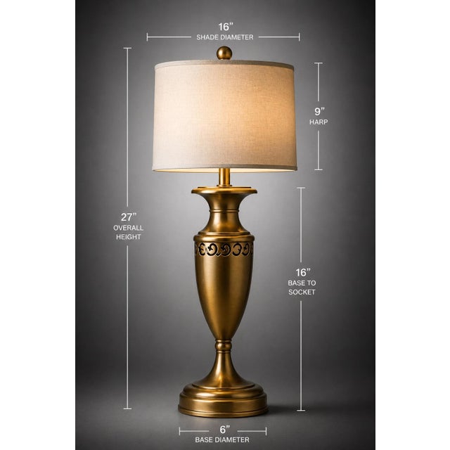 Metal Vintage Transitional Urn Table Lamp in Antique Brass With Pierced Metal Frieze & Linen Drum Shade — 27” - a Pair For Sale - Image 7 of 9