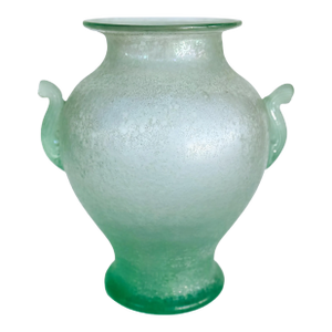 Hand-Blown Murano Celadon Venetian Scavo Glass Urn Vase, 2 Handles