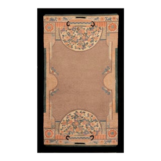 1920s Tan Ecru Medallion Antique Chinese Art Deco Carpet 4' X 6' 9'' Knotted Wool Rug For Sale