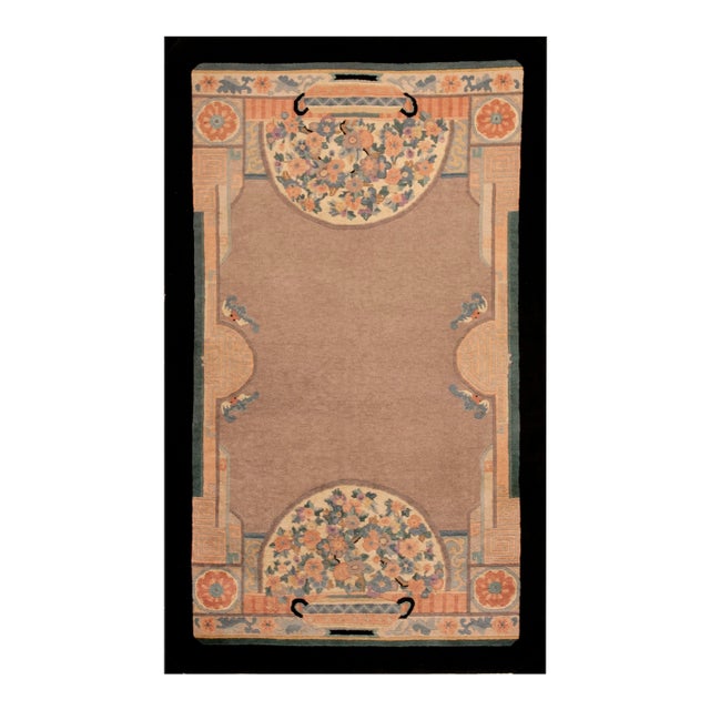 1920s Tan Ecru Medallion Antique Chinese Art Deco Carpet 4' X 6' 9'' Knotted Wool Rug For Sale