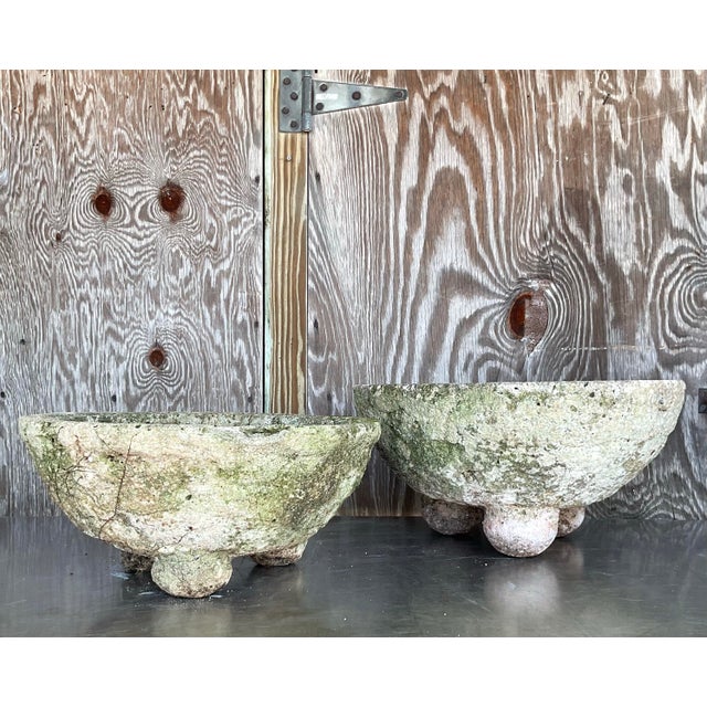Contemporary Vintage Boho Cast Concrete Bowl Planters - Set of 2 For Sale - Image 3 of 12