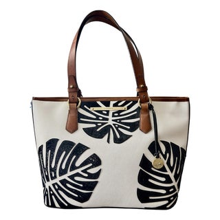Vintage Brahmin Monaco Palm Leaf Zip Top Tote – White Textured Leather With Black Patent Croc Embossed Monstera For Sale