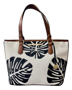 Vintage Brahmin Monaco Palm Leaf Zip Top Tote – White Textured Leather With Black Patent Croc Embossed Monstera