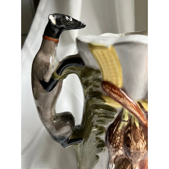 Rustic European Vintage Hand Painted Majolica Game Hunting Pitcher With Greyhound Handle For Sale - Image 3 of 12