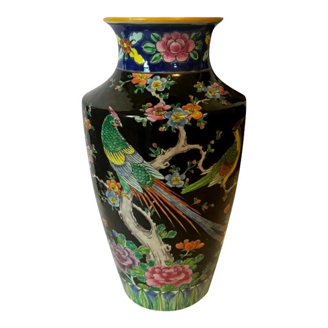 Japanese Black Enameled Bird of Paradise Porcelain Vase, Circa 1930 For Sale