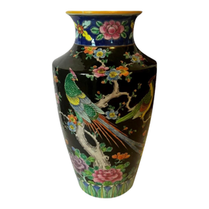 Japanese Black Enameled Bird of Paradise Porcelain Vase, Circa 1930