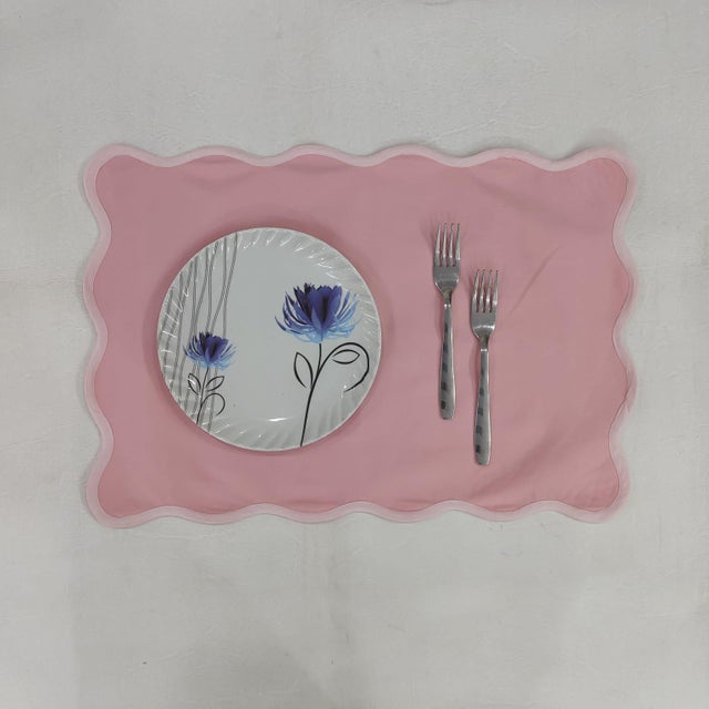 Not Yet Made - Made To Order Handmade Scalloped Rectangular Placemats, Light Pink with Pink Piping - Set of 4 For Sale - Image 5 of 6