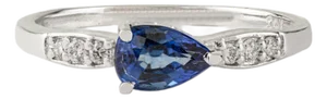 14k Gold Pear Cut Natural Blue Sapphire and Diamond East West Ring Size 7