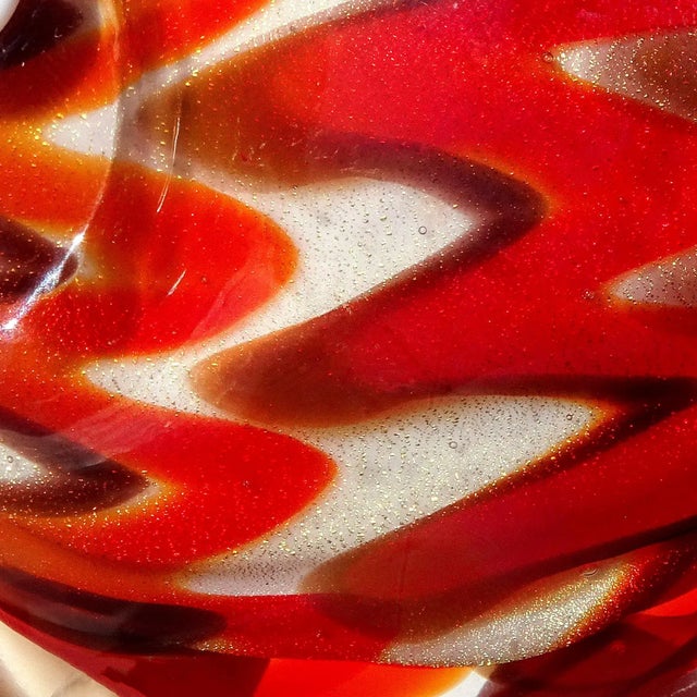 Glass Vintage Murano Red Orange White Gold Flecks Italian Art Glass Flat Fish Figure Sculpture Paperweight For Sale - Image 7 of 11