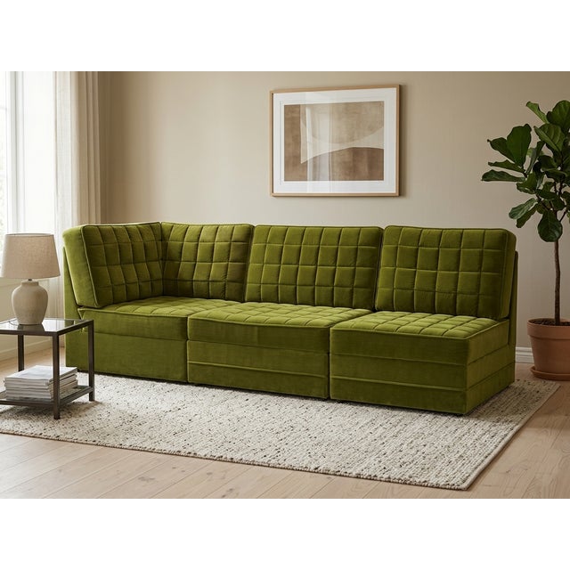 A striking piece of Hungarian Mid-Century Modern design, this modular sofa features a timeless olive green velvet...