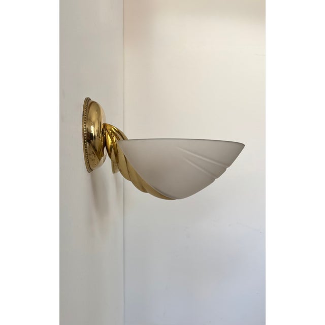 Vintage Brass and Frosted Glass Wall Lights, Italy, 1970s, Set of 2 For Sale - Image 4 of 7