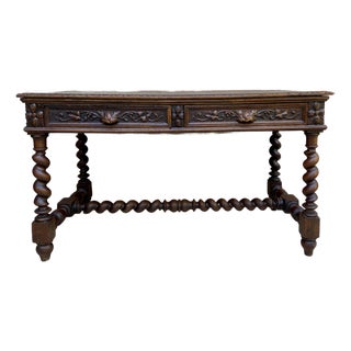 French Carved Wood Writing Table With Barley Twist Legs, Mid-20th Century For Sale