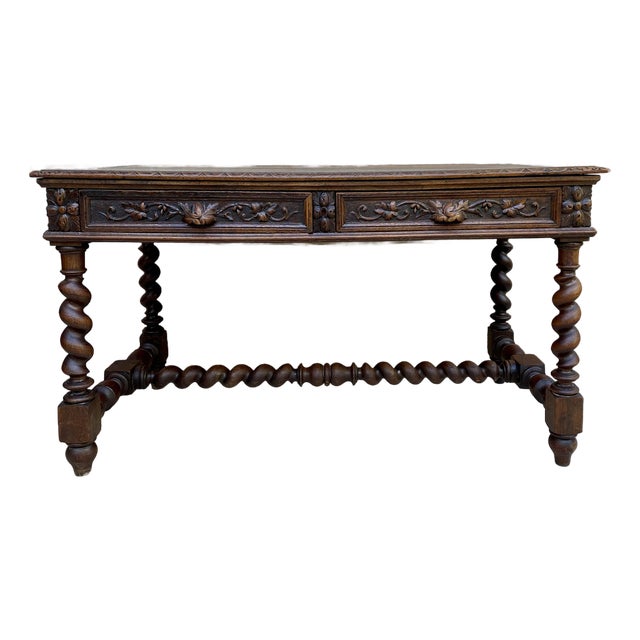 French Carved Wood Writing Table With Barley Twist Legs, Mid-20th Century For Sale