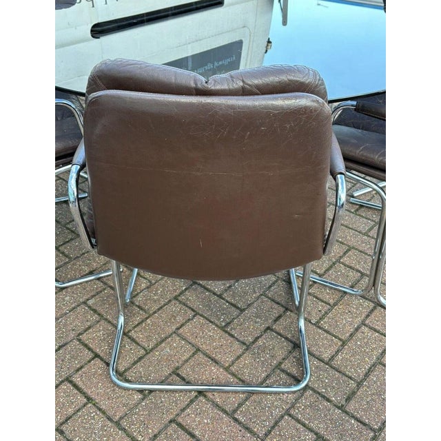 Chrome Table & Brown Leather & Chrome Pieff Chairs by Richard Young for Merrow, Set of 7 For Sale - Image 13 of 18