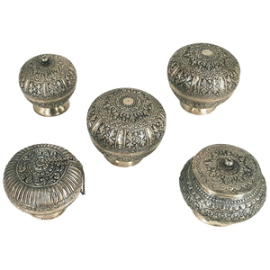 Indonesian Repoussé Silver Globular Vessels with Lids, Set of 5