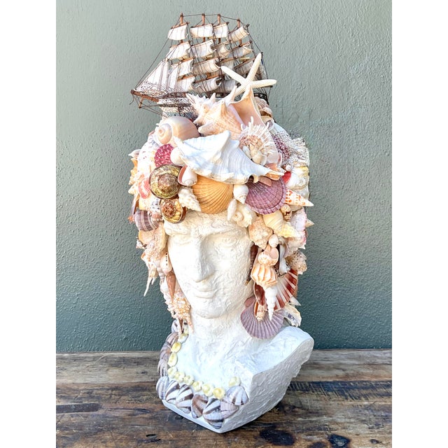 Vintage Shell Encrusted Bust of Man With Sailing Ship For Sale - Image 4 of 12