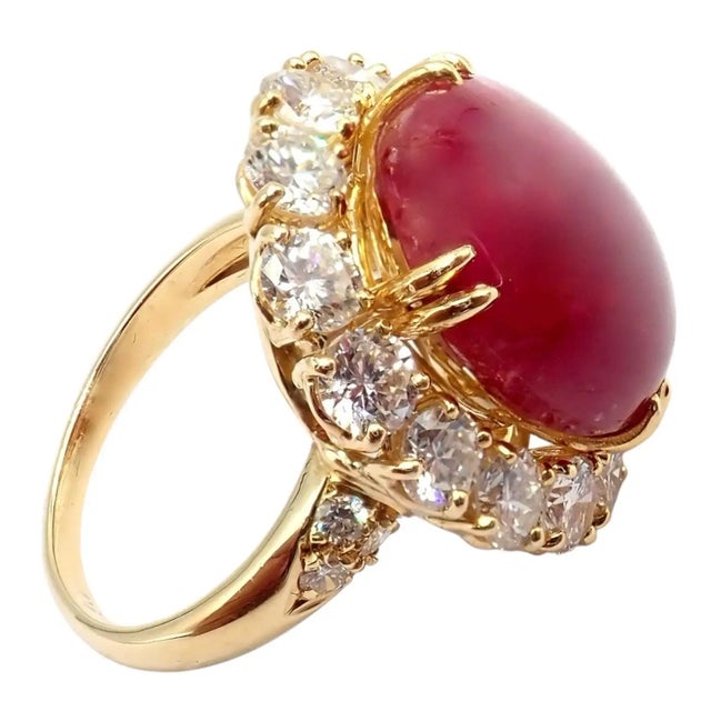18k Yellow Gold Large 11ct Burmese No Heat Cabochon Ruby and Diamond Ring by Van Cleef & Arpels. *Includes GIA...