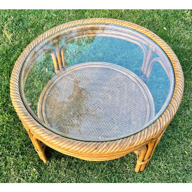 Wood 1970s Boho Chic Rattan Round Table Set For Sale - Image 7 of 9