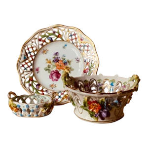 Curated Collection of Three Dresden Reticulated Porcelain Serving Pieces - Hand Painted German Artistry