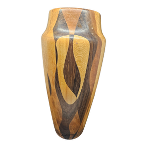 Vintage Hand Turned Signed Wooden Vase, Segmented Design With Contrasting Wood Types Like Cherry, Walnut, Other Exotic Woods