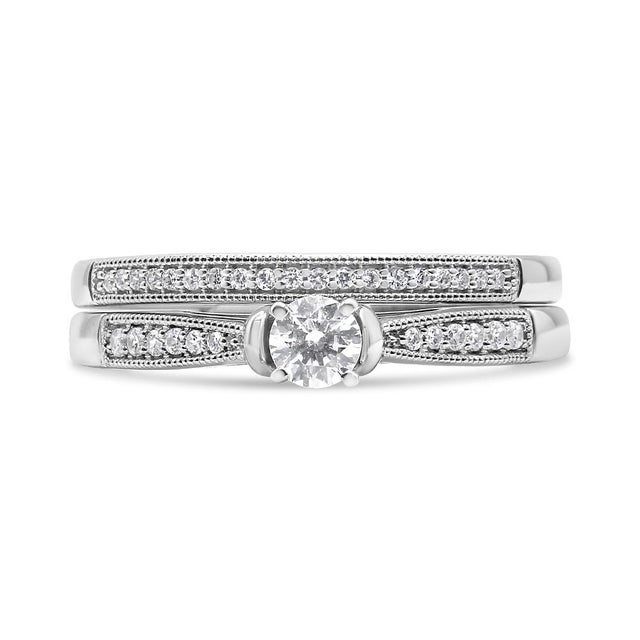 .925 Sterling Silver 1/3 Cttw Diamond Classic Engagement Ring Bridal Set with Milgrain (I-J Color, I3 Clarity) - Ring Size 7 For Sale - Image 4 of 6