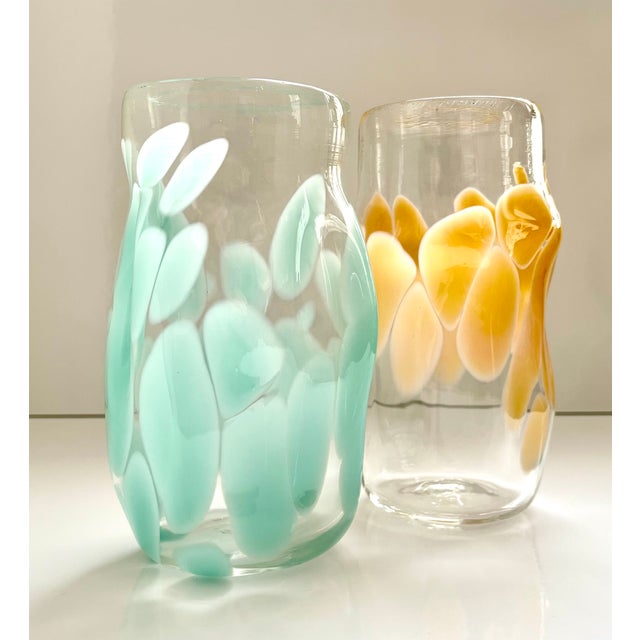 Pair - 6" Tumblers, Turquoise/Ochre Handblown Glass by Artist Brenna Baker, Founder of Hot Glass, Hollywood, FL. Combining...