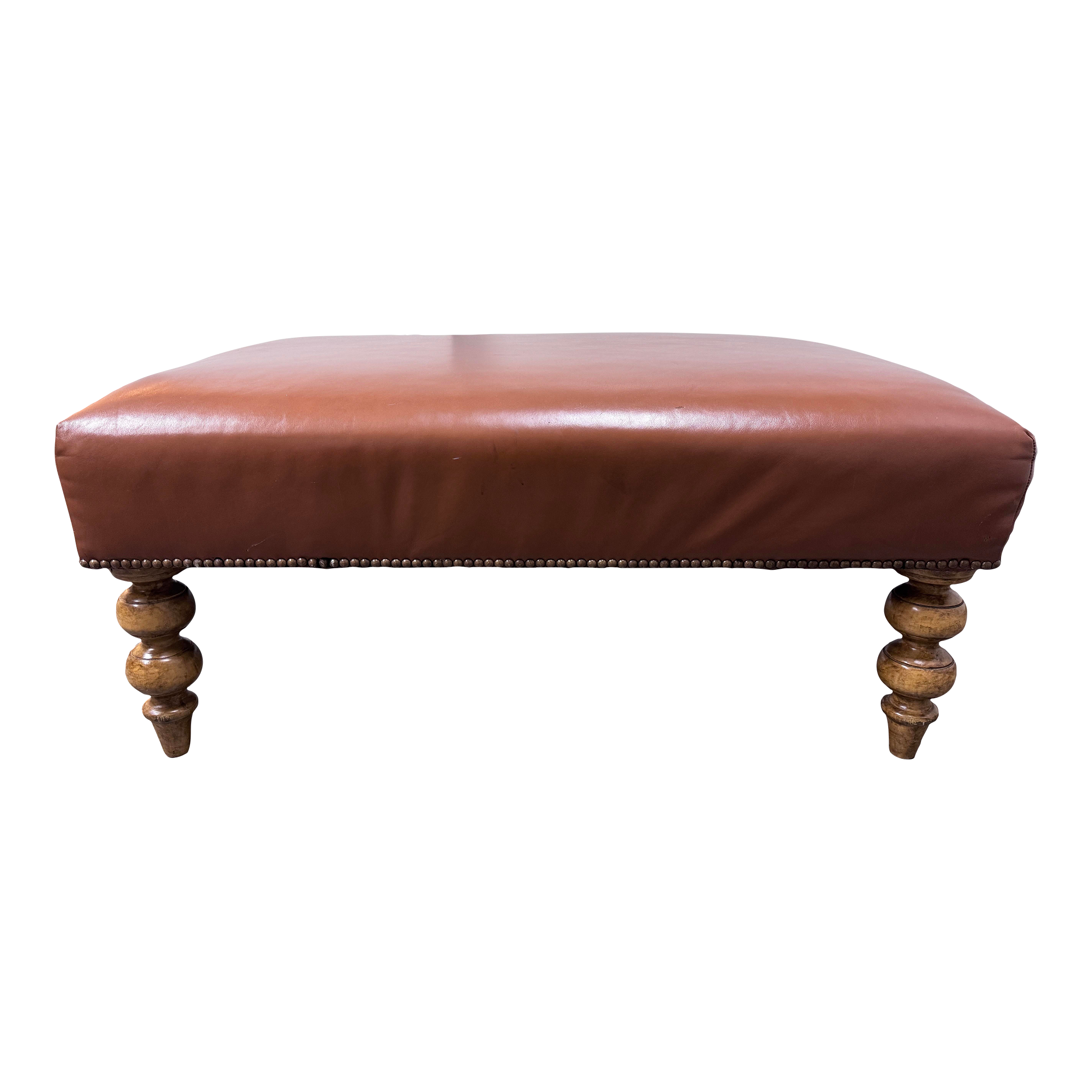 Brown Leather Ottoman + Turned Legs + Nailhead Trim - image 0