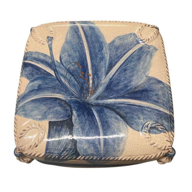 Italian Ceramic Stacked "Pillow" Garden Stool – Blue Lily For Sale In West Palm - Image 6 of 10