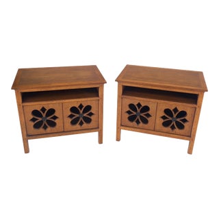 Double Door Pierced Carved Doors Compartment Night Stands End Tables - A Pair For Sale