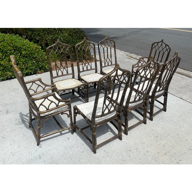 Gothic Authentic McGuire Vintage Rattan Cathedral Gothic Dining Chairs, a Set of 8 For Sale - Image 3 of 11