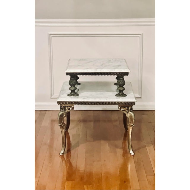 White 1940s French Gilded Brass and Carrera Marble Two Tier Side Table For Sale - Image 8 of 10