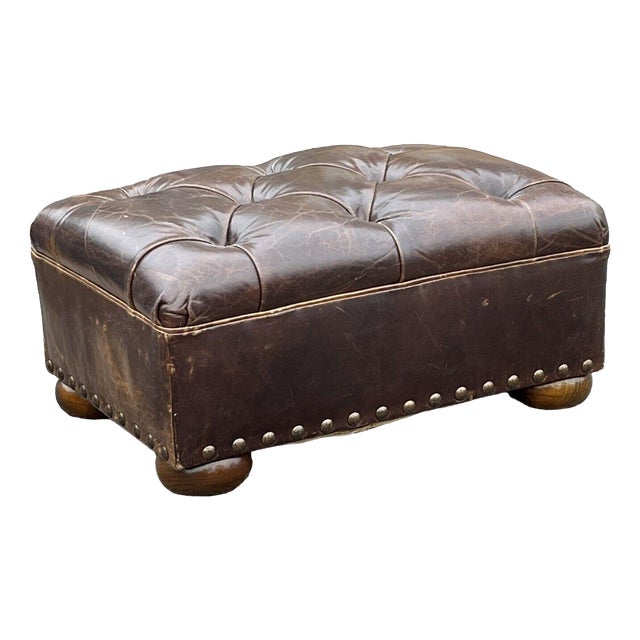 Foot Stool in Brown Leather For Sale