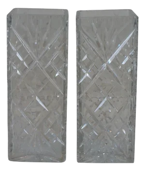 Set of 2 Vintage Square Cut Crystal Flower Vases Thumbprint