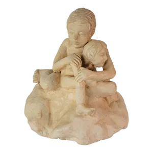 Vintage Boys Statue Figurine Signed Studio Art Beige Ceramic