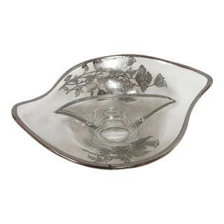 1950s Glass Divided Candy Dish with Silver Floral Inlay For Sale