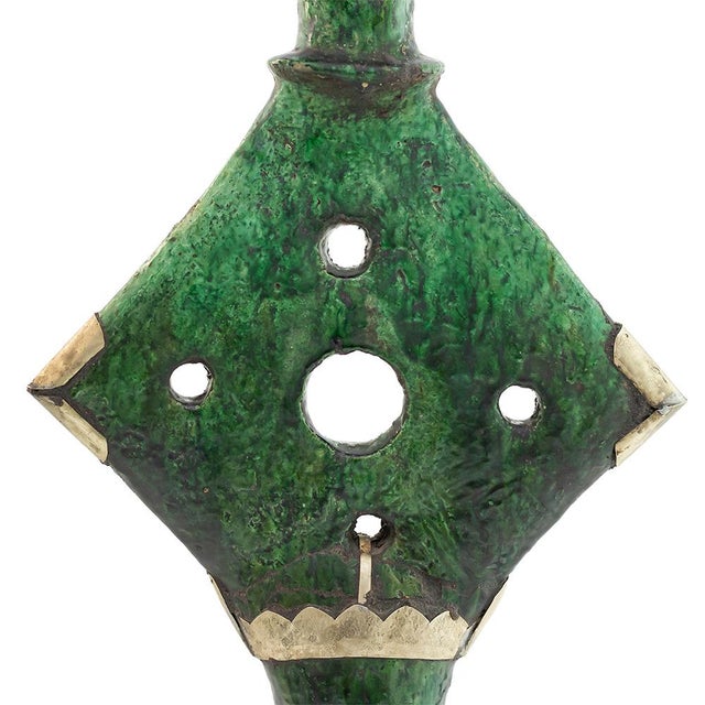 Vintage Moroccan Tamegroute Green Glazed Candle Holder With Brass Accents For Sale - Image 4 of 9