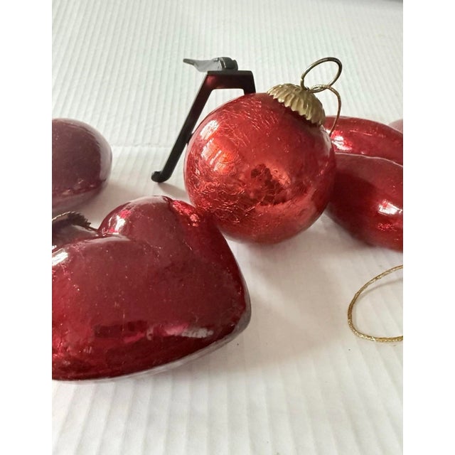 Vintage(8)Christmas Crackle Glass Kugel Style Ornaments Hearts,balls,teardrop Ruby Red Christmas Holiday Decor For Sale - Image 11 of 12