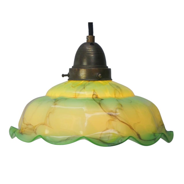 French “Clichy” marble coloured glass pendant lamp. Brass glass holder. 2 meter black cotton flex E26 / E27 Up to 250V...