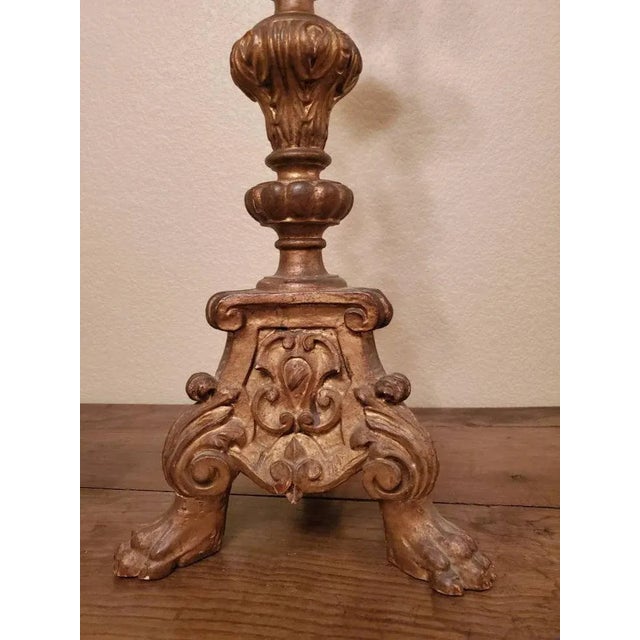 Gold 19th Century Baroque Carved Altar Candlestick Two-Light Table Lamp For Sale - Image 8 of 11