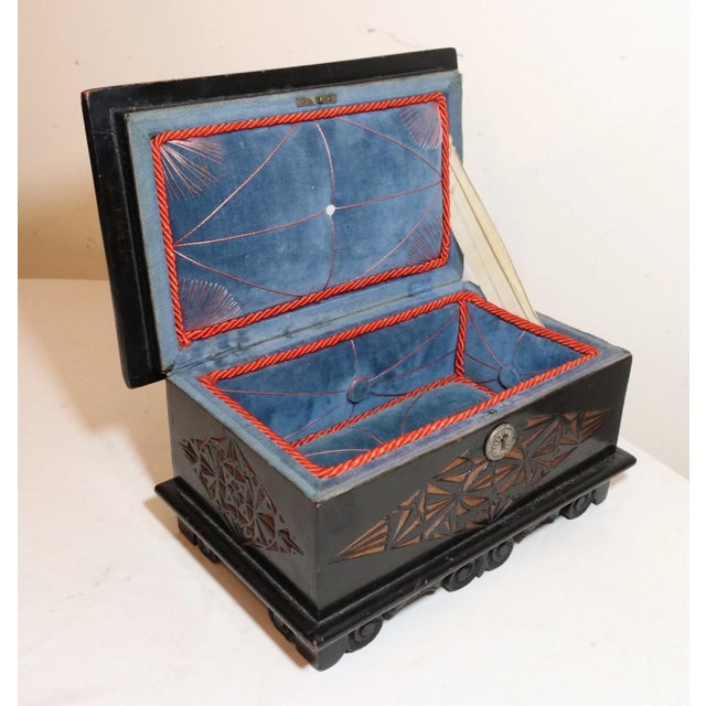 Antique 1800s Ornate Hand Chip Carved Ebonized Wooden Velour Lined Jewelry Box For Sale - Image 12 of 12