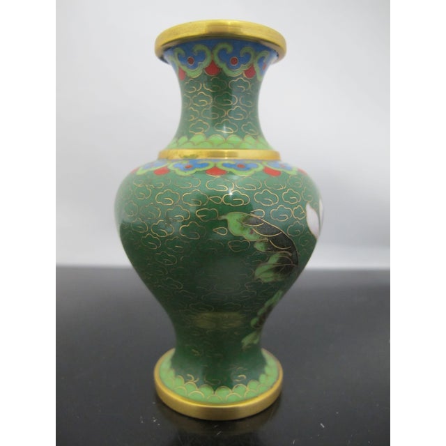 Miniature Chinese Green Flower Gilt Cloisonne Vase Pair For Sale - Image 10 of 10