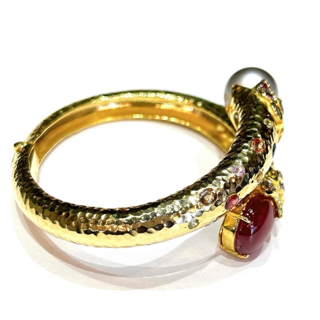 Bochic “Orient” South Sea Pearl, Ruby & Multi-Sapphire Bangle Set in 18K Gold & Silver** Black Tahitian South Sea Pearl...