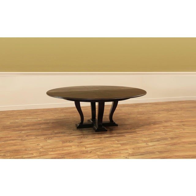 Modern 64 to 84 Round Transitional Ebonized Oak Jupe Table With Self-Storing Leaves Seats 6-10 People For Sale - Image 3 of 11